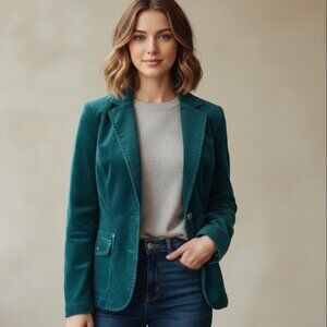 Vintage Y2K Corduroy Blazer Jacket Womens 14 P Teal Stretch Career Jewel Tone
